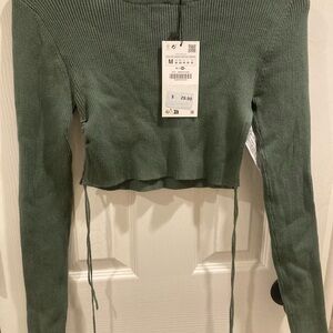 Zara Green Ribbed Crop Hoodie
